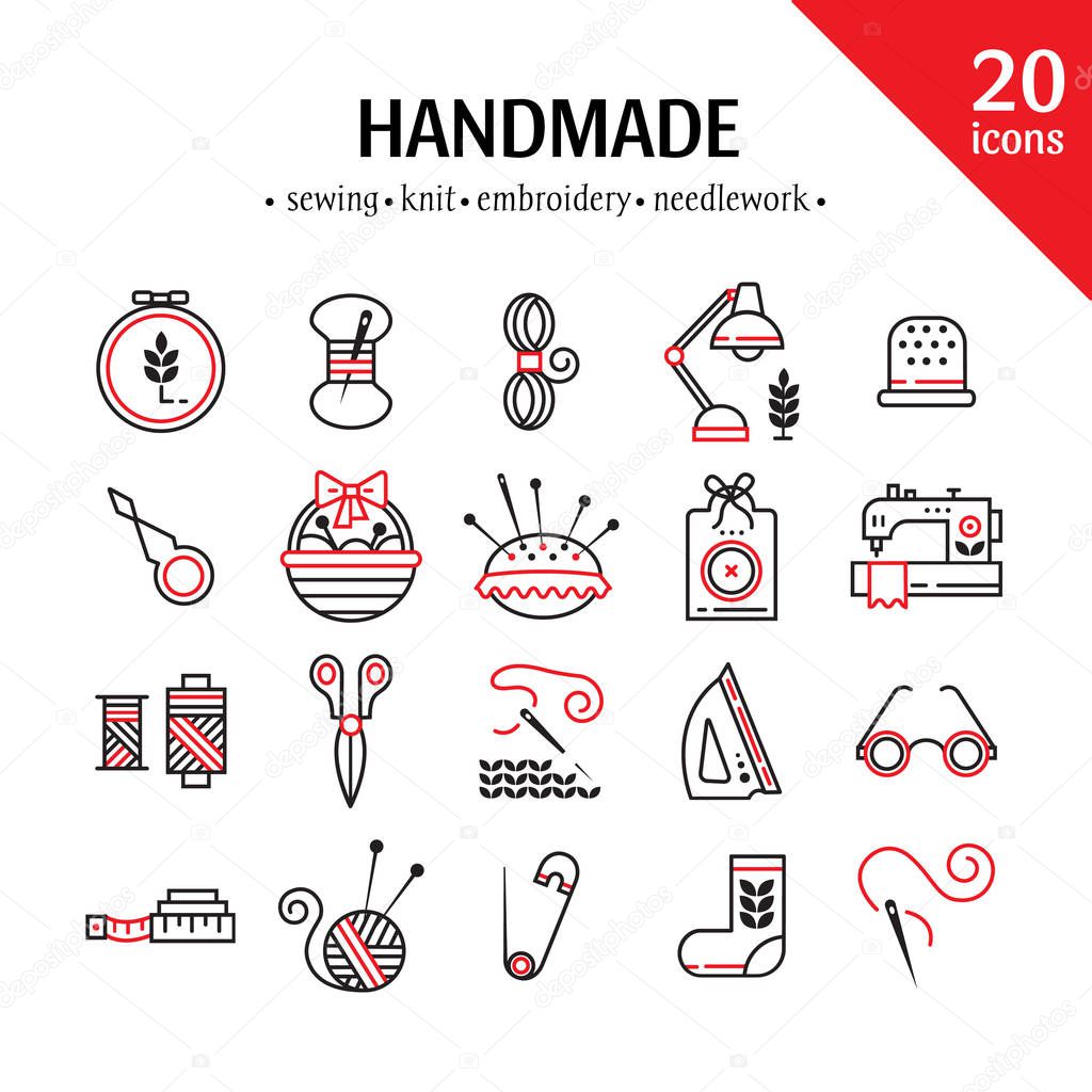 Hand made icons set: symbols of sewing, knit, embroidery, needlework