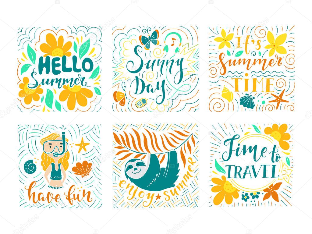 Set of summer holidays and tropical vacation hand drawn little sketch for greeting card with handwritten calligraphy quotes, phrase and words. 