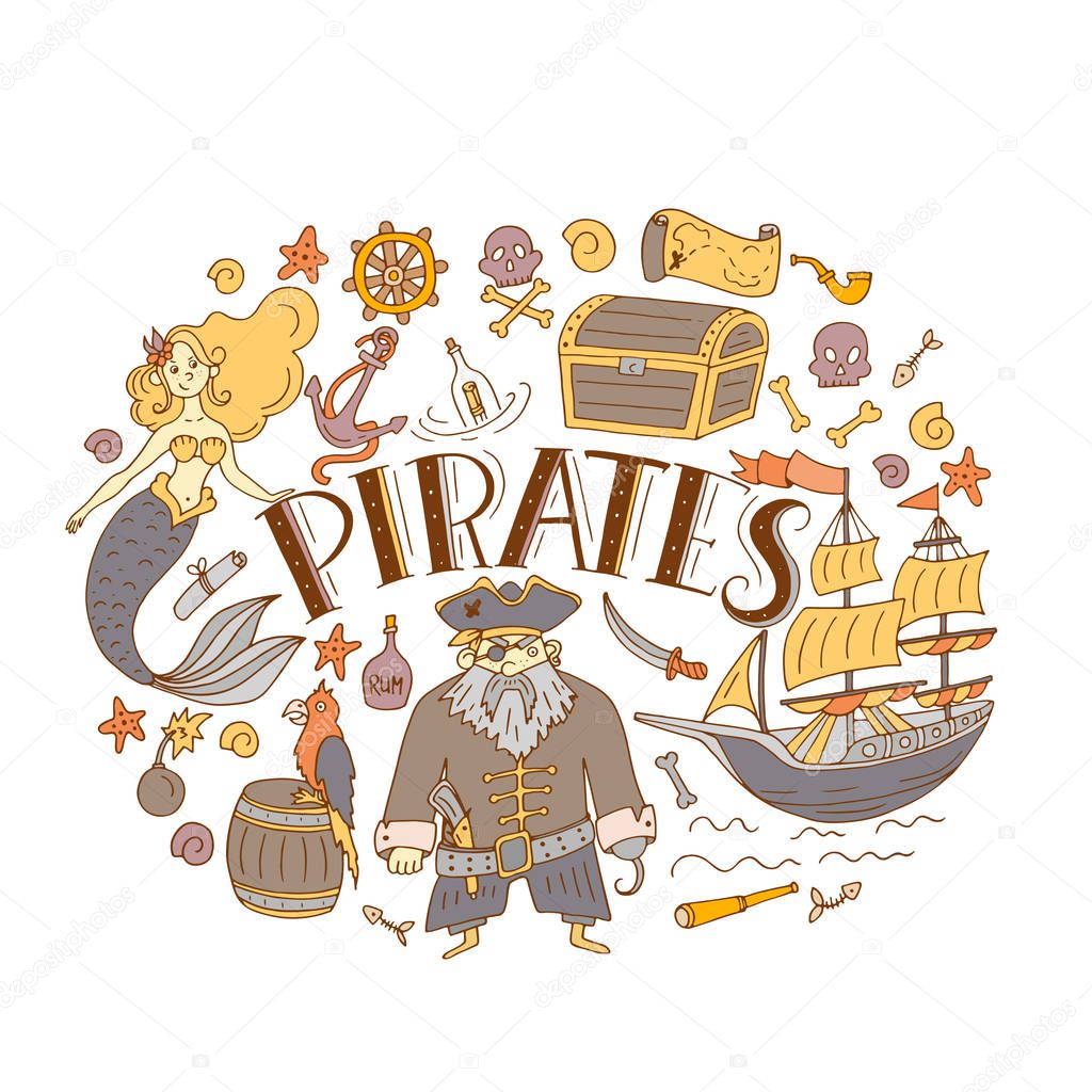 Vector seamless pattern for coloring book with pirat, mermaid, treasure chest, ship, flag, captain,  map, parrot.