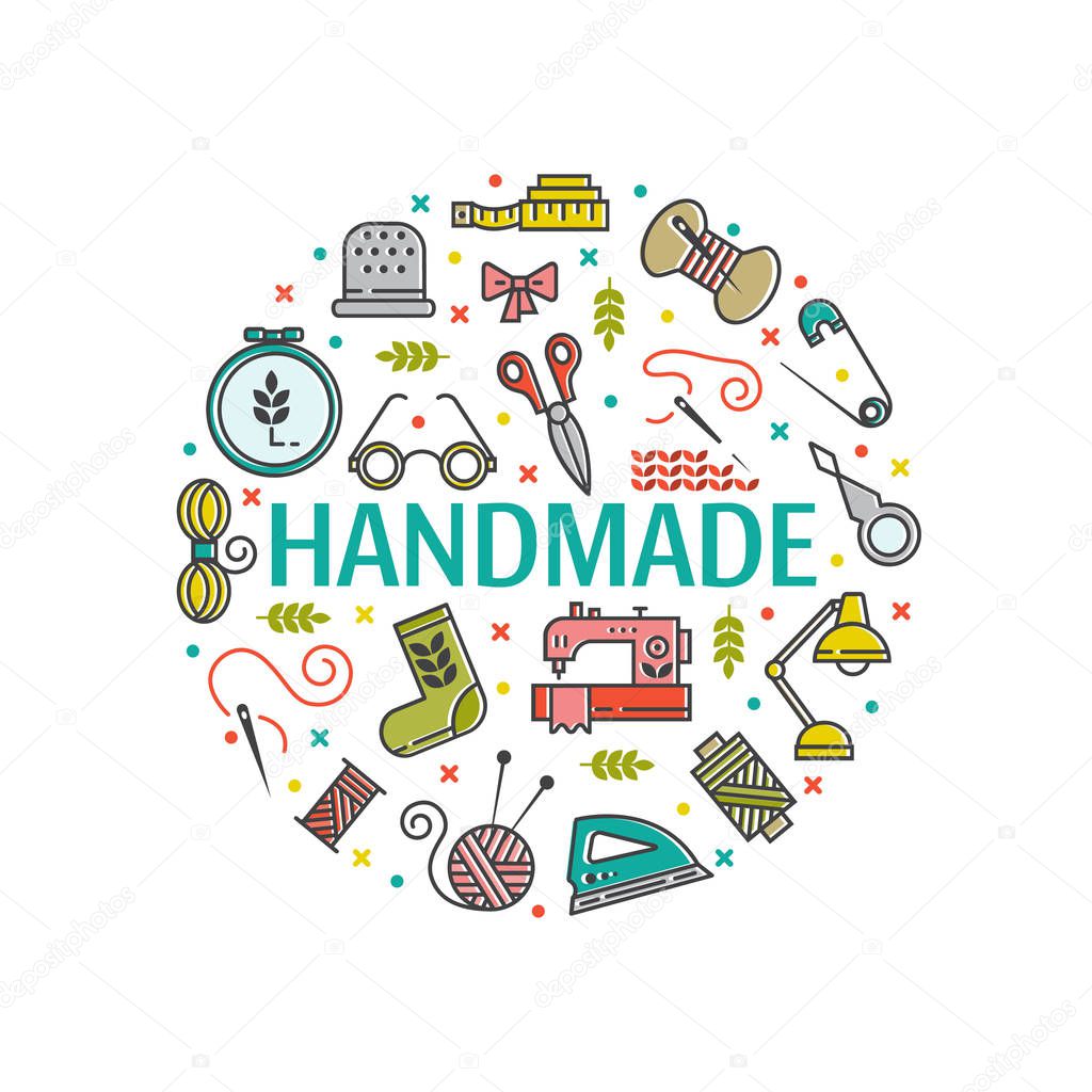 Hand made icons set: symbols or logos of sewing, knit, embroidery, needlework