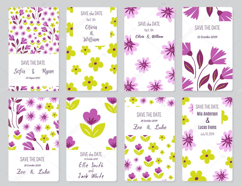 Vector gentle wedding cards template with flower design. invitation or save the date, RSVP, menu and thank you card for bridal design. Vector set of postcard with floral decoration.