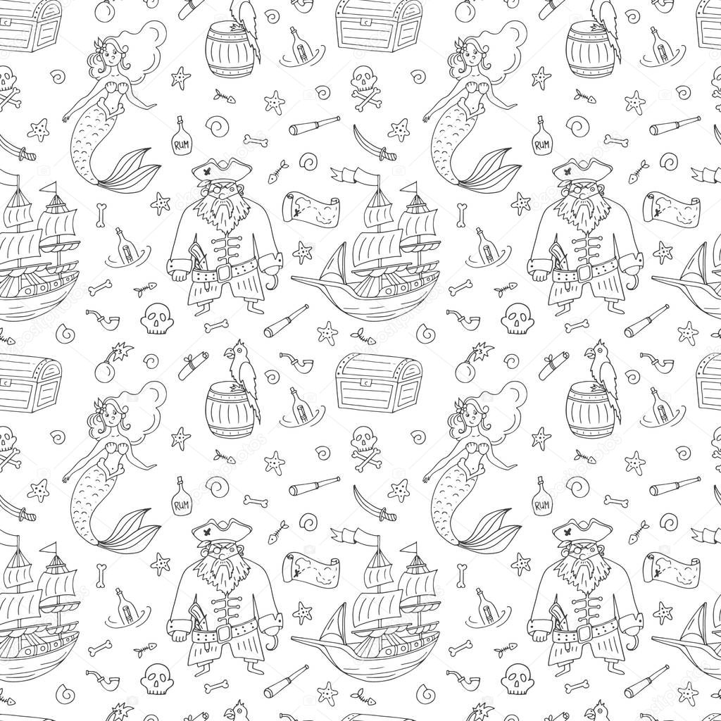 Vector seamless pattern for coloring book with pirat, mermaid, treasure chest, ship, flag, captain,  map, parrot.