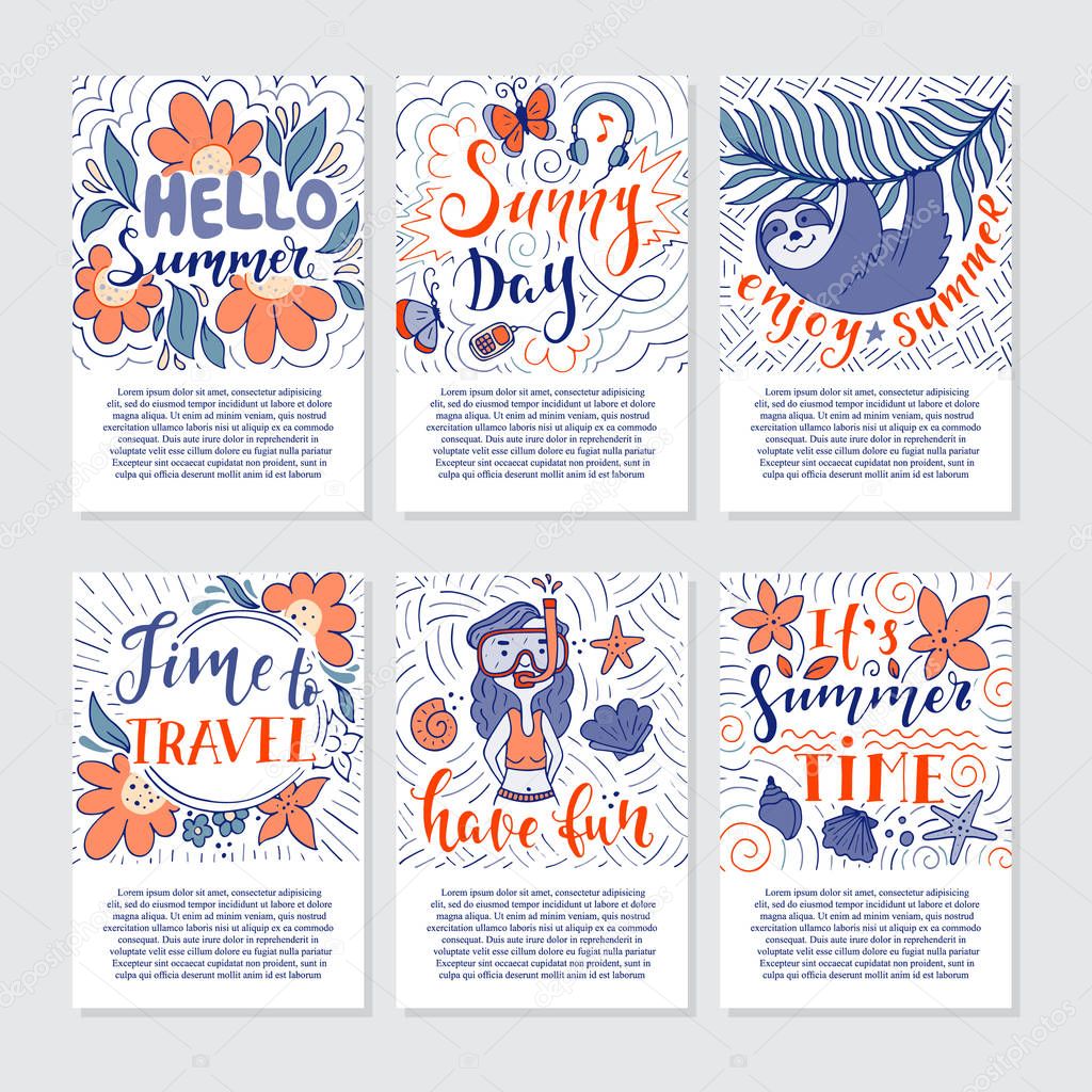 Set of summer holidays and tropical vacation hand drawn greeting cards with handwritten calligraphy quotes, phrase and words. Vector illustration