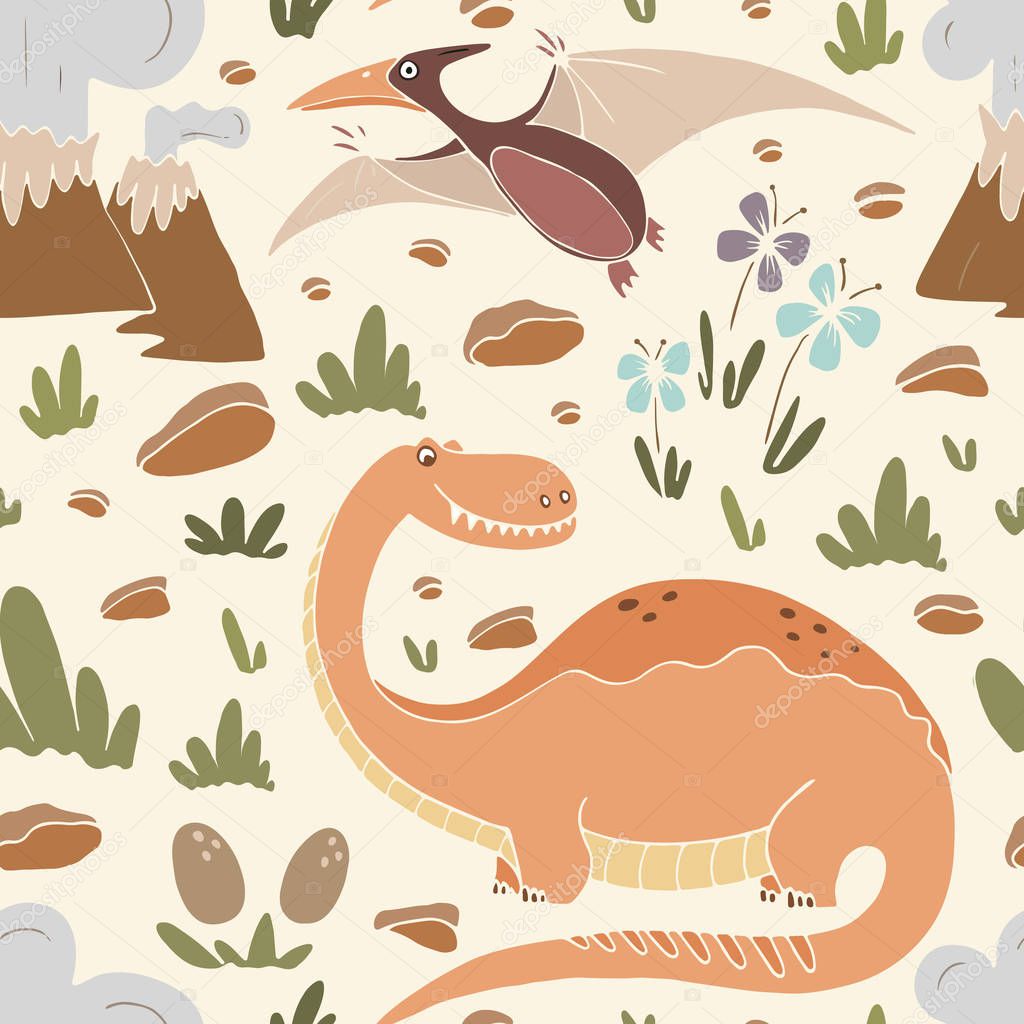 Vector seamless pattern with funny dinosaurs in cartoon style.