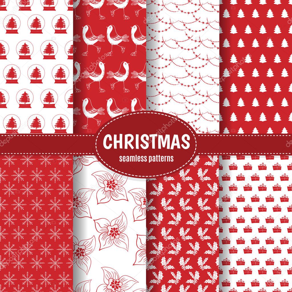 Vector Merry Christmas and Happy New Yea set of retro seamless backgrounds with traditional symbols: Christmas tree, mistletoe, snowflakes, gifts, garlands. Vector collection.
