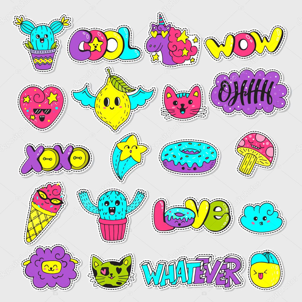 Vector patch set - 80s-90s doodle style design. Kawaii doodle characters. Isolated illustrations - great for stickers, embroidery, badges.