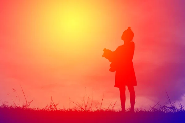 Silhouette a girl with teddy bear on mountain and sky sunset, happy girl in holiday process style vintage tone — Stock Photo, Image