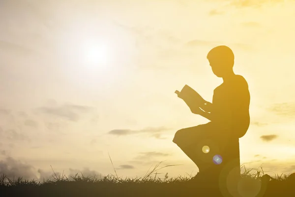 Silhouette a boy reading book on sunset