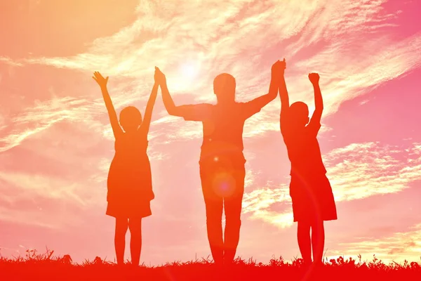 ซิลูเอท ครอบครัวที่มีความสุข เล่นตอนพระอาทิตย์ตก คอนเซ็ปต์ วันแม่ — ภาพถ่ายสต็อก