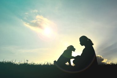Siluet kadın köpekle oynamayı 