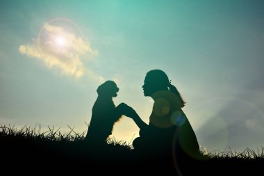 Siluet kadın köpekle oynamayı  