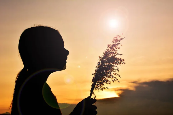Silhouette bambini tristi al tramonto — Foto Stock