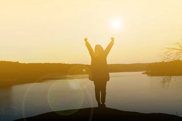 Silhouette happy women on sunrise — Stock Photo, Image