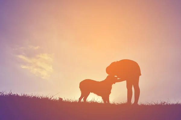 Siluet kadın köpekle oynamayı — Stok fotoğraf