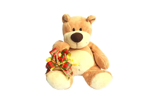 Close up teddy bear with box on white background — Stock Photo, Image