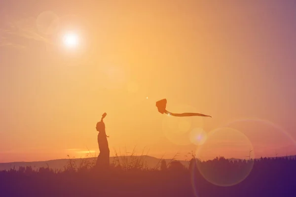 Silhouette d'enfants jouant au cerf-volant sur le terrain — Photo