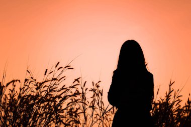 Gökyüzü günbatımı, çim alandaki üzgün kadın silüeti 