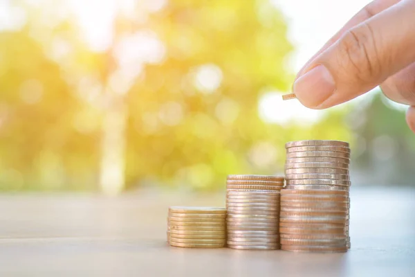 Hand holding coin on old wood tree bokeh background.concept save money — Stock Photo, Image