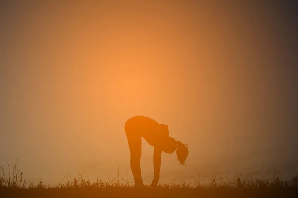 Siluet kadınlar yoga doğada — Stok fotoğraf