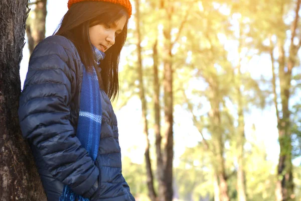 Happy Asian women in park and forest background, Relax time on h — Stock Photo, Image