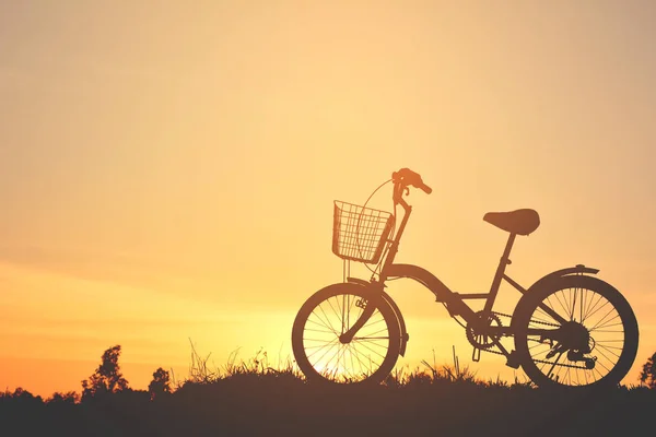 Silhouette des Fahrrads im Gras mit dem Sonnenuntergang am Himmel — Stockfoto