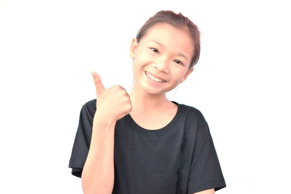 Happy little Asian girl on white background — Stock Photo, Image