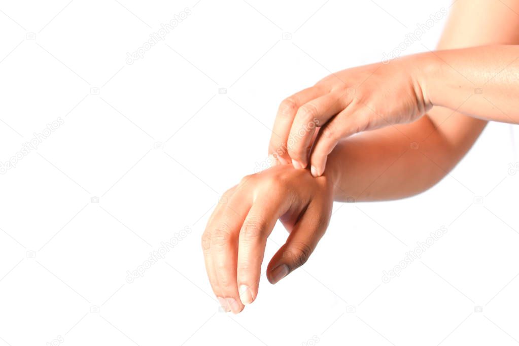 Close up of people scratch  itch hand  on gray background