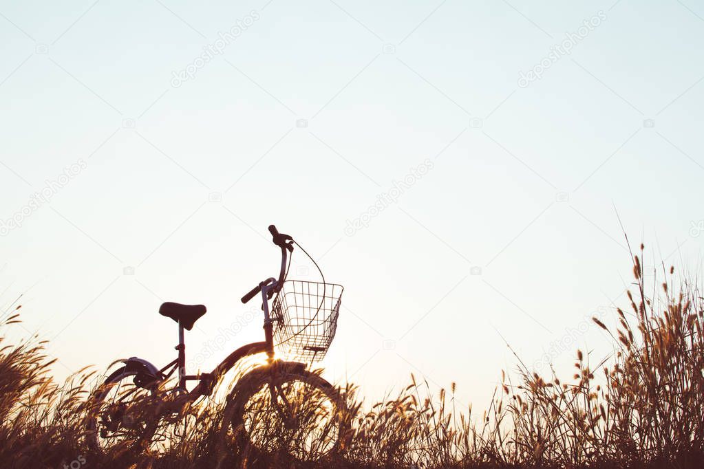 Silhouette of bicycle on grass with the sky sunset
