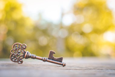 Ahşap bir bokeh arka plan kopya alanı ile eski anahtar 