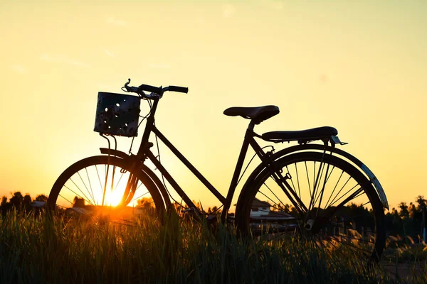 剪影的旧自行车与天空日落的草地上 — 图库照片