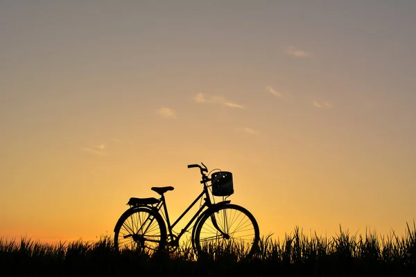 Silhouette eines alten Fahrrads im Gras mit dem Sonnenuntergang am Himmel — Stockfoto