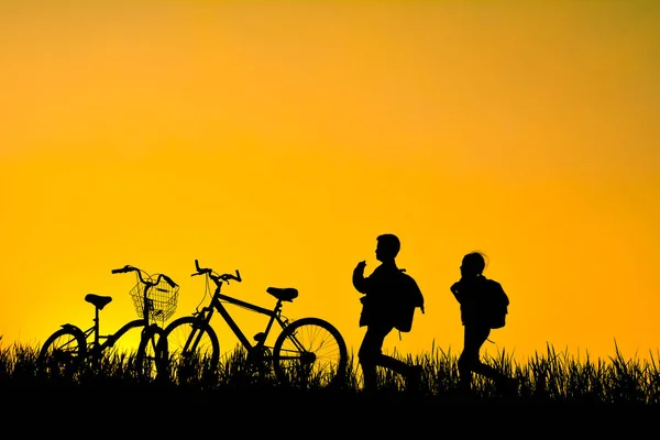 Silueta de niños con bicicleta en el campo de hierba — Foto de Stock