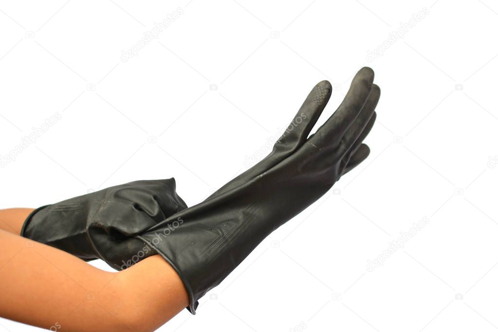 Hands and black gloves for agriculture on white background