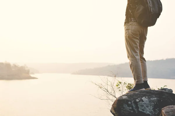 Happy Asian hipster man backpack in nature background, Relax time on holiday — Stock Photo, Image