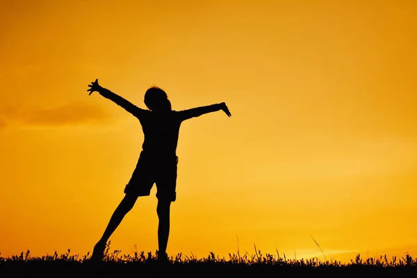 Silhueta de menina feliz em pé no campo de grama e céu por do sol — Fotografia de Stock