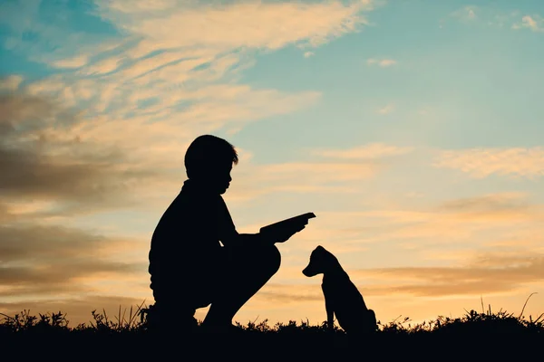 Silhouette ragazzo leggendo un libro con cagnolino — Foto Stock