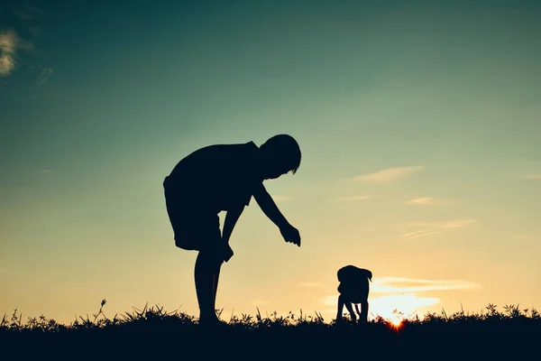 Küçük köpekle oynamayı siluet çocuk — Stok fotoğraf