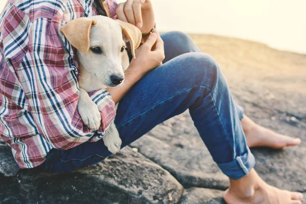 Menina feliz brincando com pouco cão no fundo da natureza — Fotografia de Stock