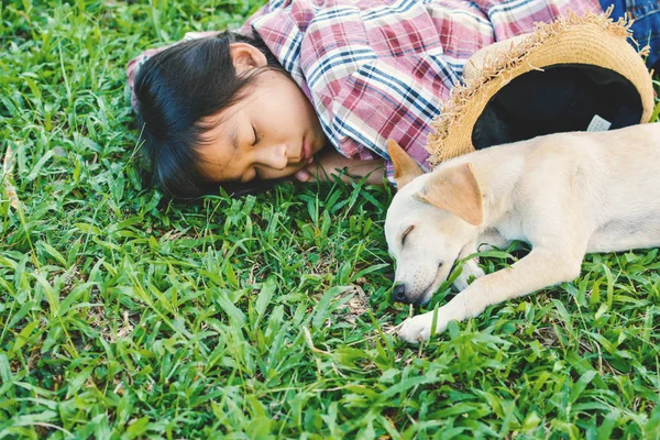 Happy girl playing with little dog in nature background — Stock Photo, Image