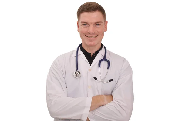 Fiatal férfi orvos portréja fehér alapon — Stock Fotó