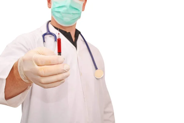 Portrait of young male doctor hand holding injection needle work — Stock Photo, Image