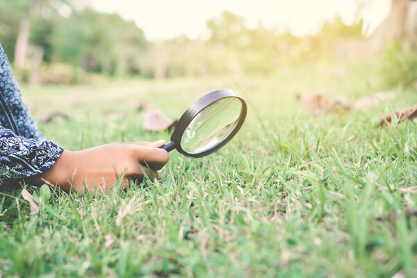 Закройте руку, держа лупу в саду
 