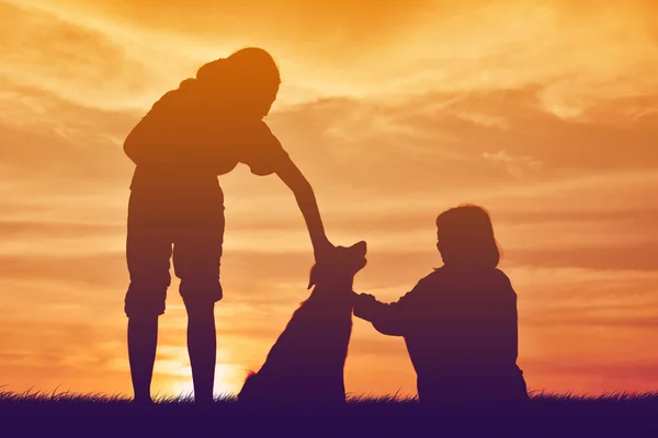 Silhouette ragazza carina con donne e cane che giocano al tramonto cielo — Foto Stock