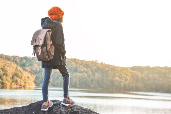 Asian Girl Backpack Nature Winter Season Relax Time Holiday Concept — Stock Photo, Image