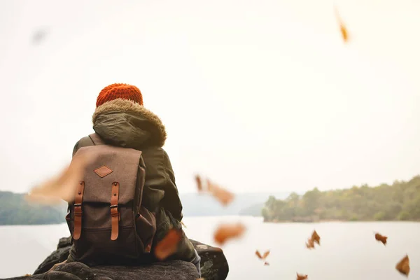 Asian Boy Backpack Nature Winter Season Relax Time Holiday Concept — Stock Photo, Image