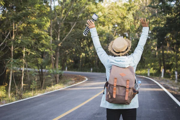 Happy Hipster Old Women Backpack Traveling Road Relax Time Holiday — Stock Photo, Image
