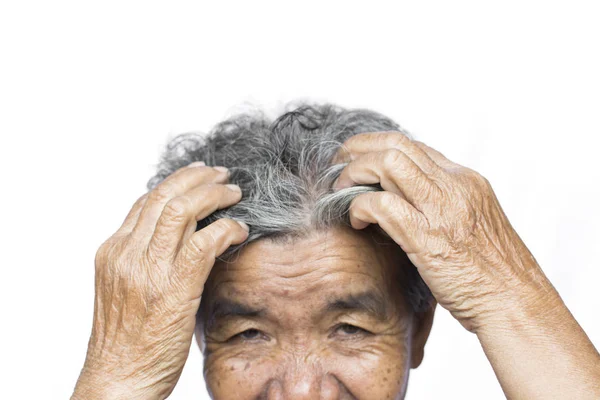 Stara Kobieta Czuł Wiele Niepokoju Problem Utraty Włosów Białym Tle — Zdjęcie stockowe