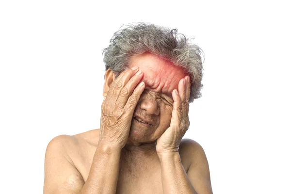 Mulher Velha Dor Cabeça Fundo Branco Doença Conceito Problema Idosos — Fotografia de Stock