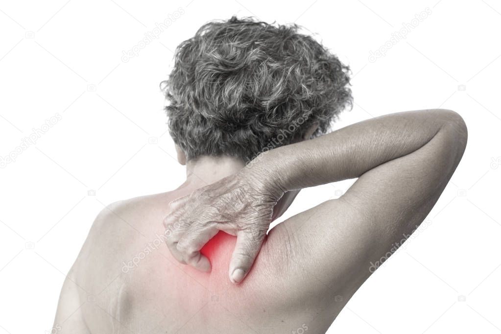 Old woman itching her back on white background,Dermatitis problem concept healthcare