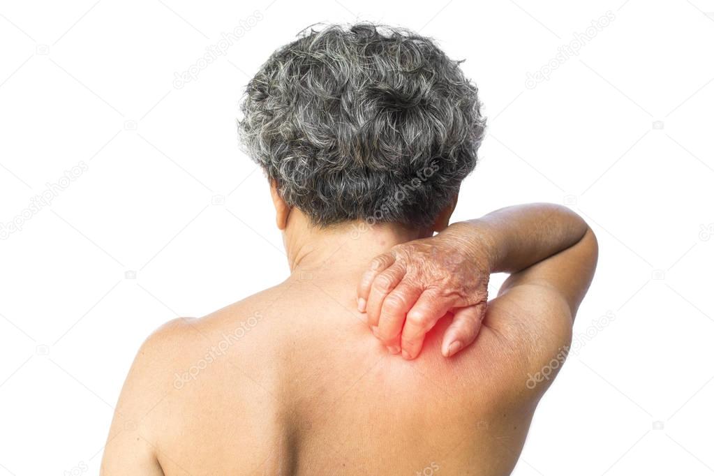 Old woman itching her back on white background,Dermatitis proble